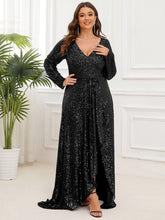 Plus Size V-neck Sequin Slit Evening Dress with Ruffle Hem